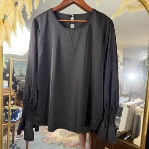 Dressin Women’s Black Long Puff Sleeve Blouse with Smocked Wrists